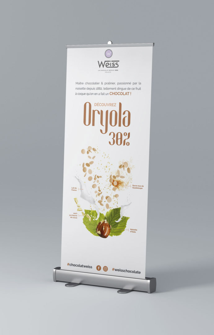 Conception d'un roll-up kakemono pour le chocolat Oryola de Weiss